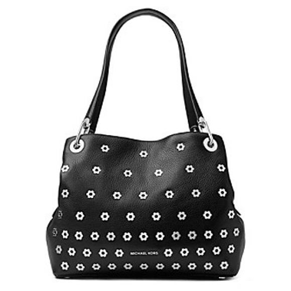 Michael Kors Black Leather Raven Silver Flower Stud Large Shoulder Tote Purse - Picture 15 of 16